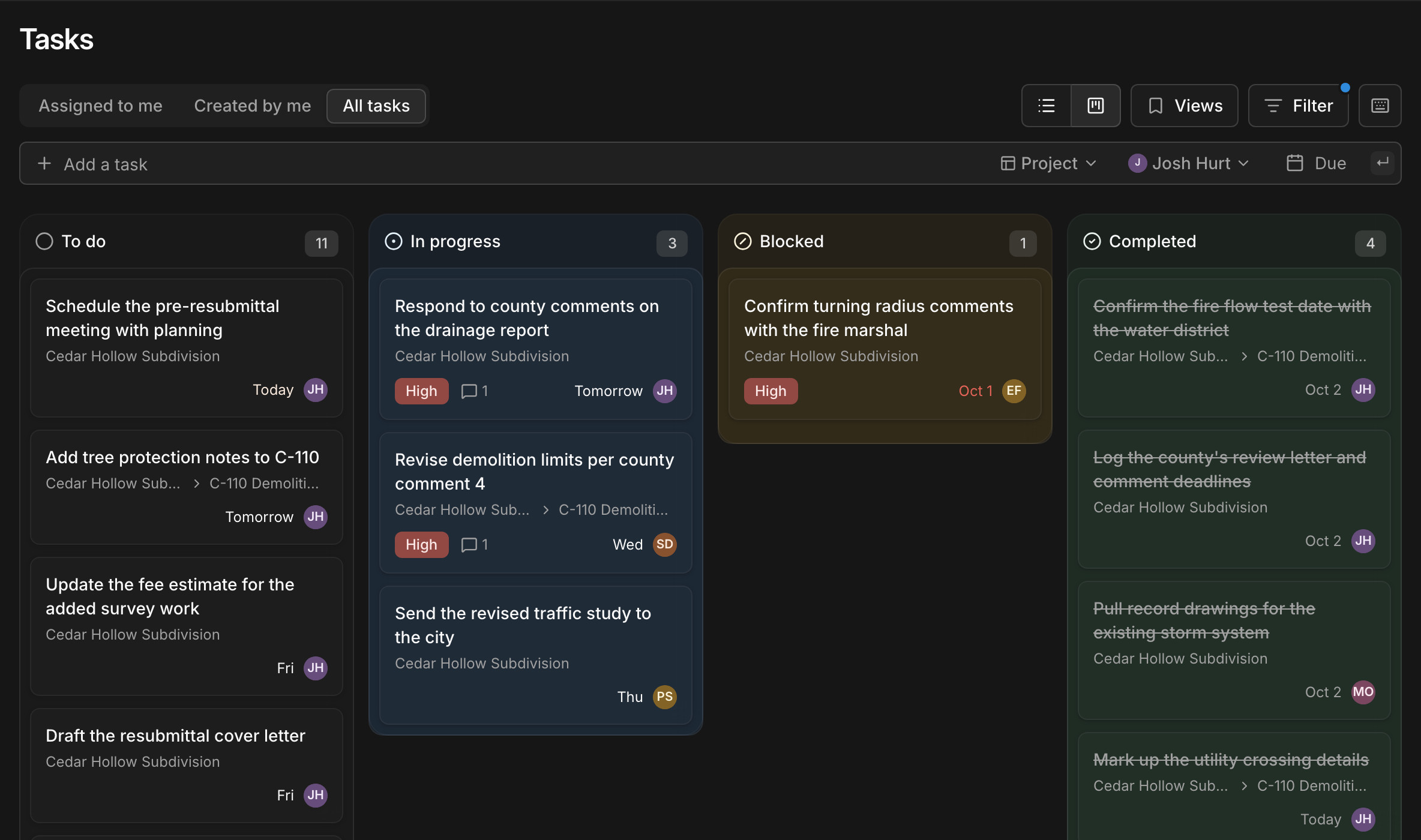 Paradesk's task board with To do, In progress, Blocked, and Completed columns