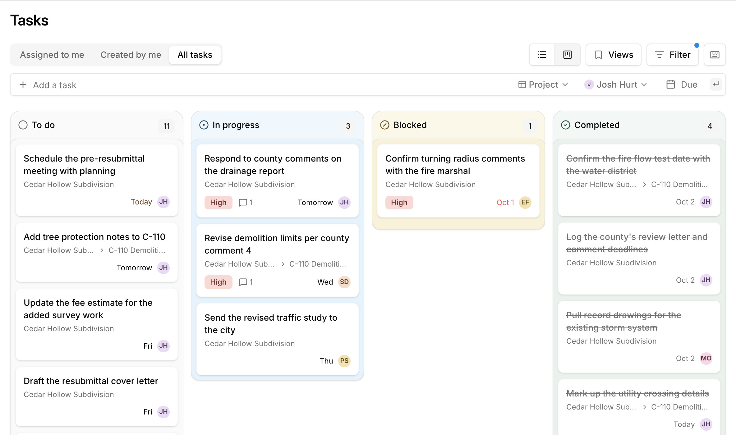 Paradesk's task board with To do, In progress, Blocked, and Completed columns