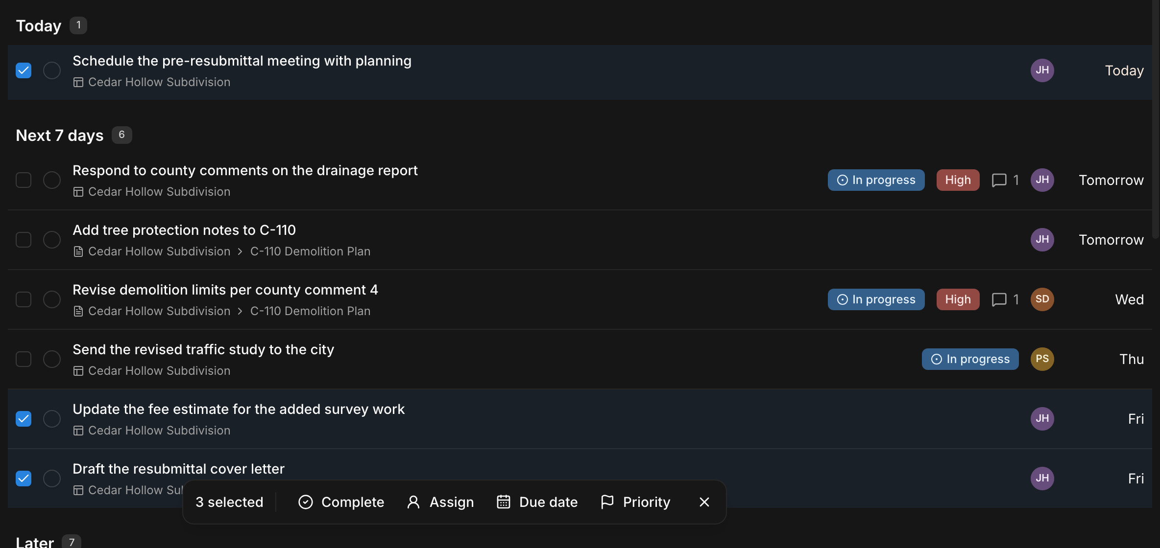 Three tasks selected in Paradesk, with a bar to complete, assign, reschedule, or reprioritize them together
