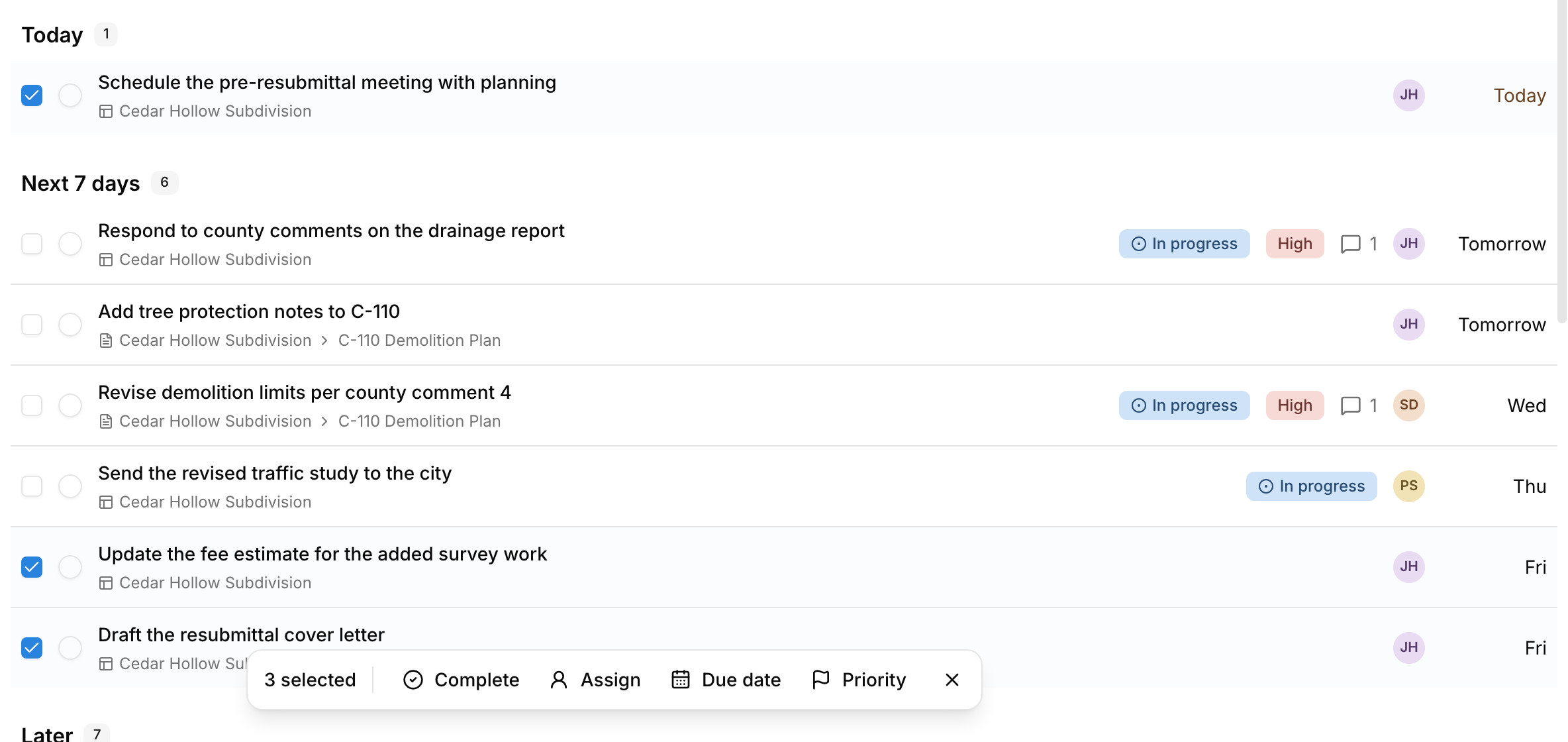 Three tasks selected in Paradesk, with a bar to complete, assign, reschedule, or reprioritize them together