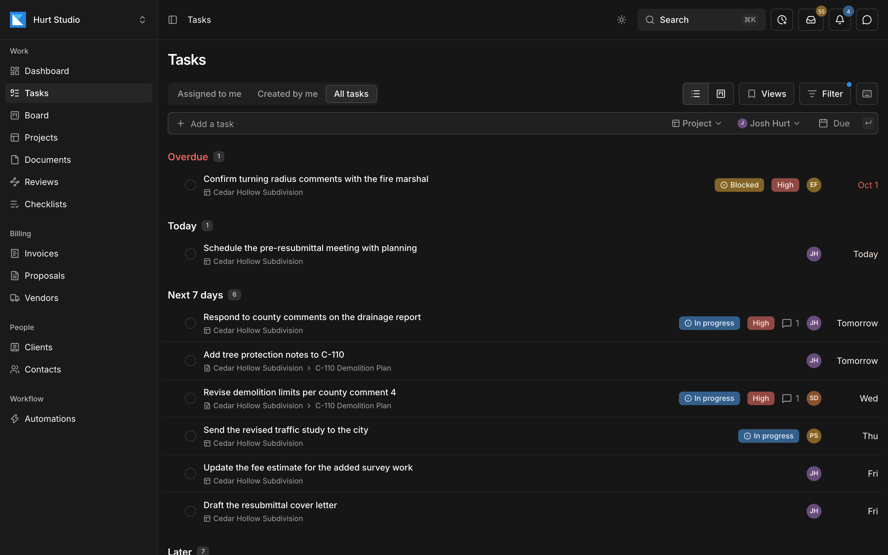 Paradesk's Tasks page listing a project's tasks grouped into overdue, today, and the next seven days, with status, priority, assignee, and due date on each