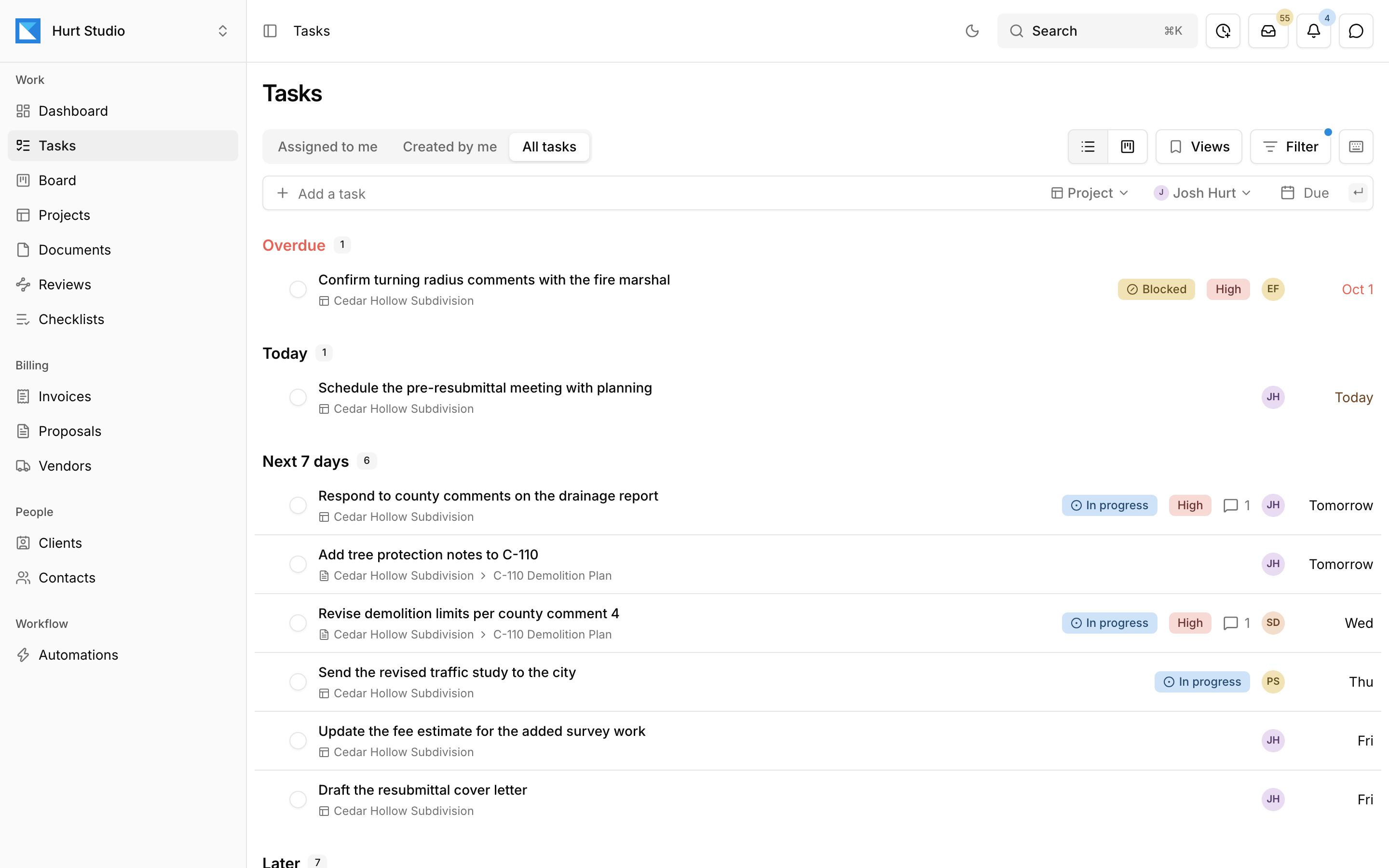 Paradesk's Tasks page listing a project's tasks grouped into overdue, today, and the next seven days, with status, priority, assignee, and due date on each