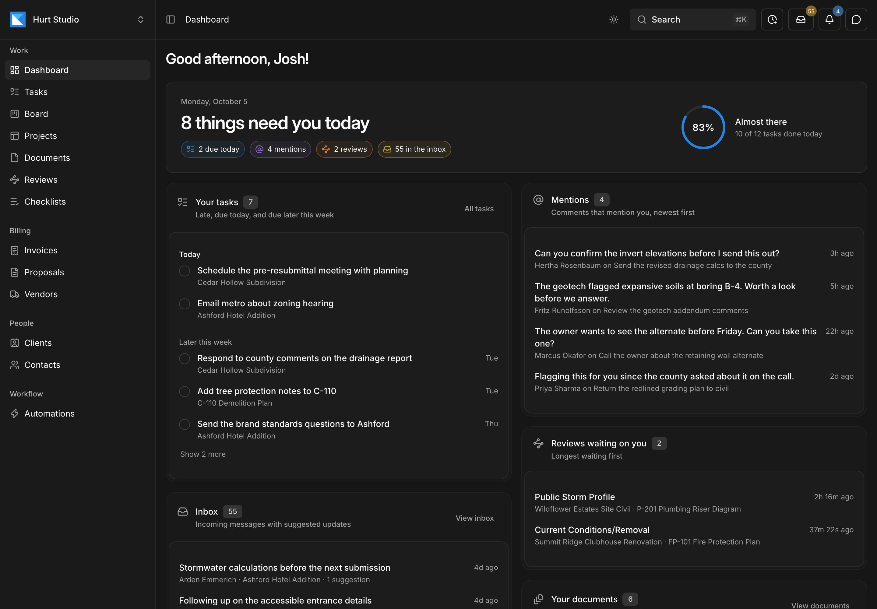 Kineo's Today dashboard: eight things need you today, with tasks, mentions, reviews, and inbox counts, a ring showing 10 of 12 tasks done, and lists of tasks and mentions