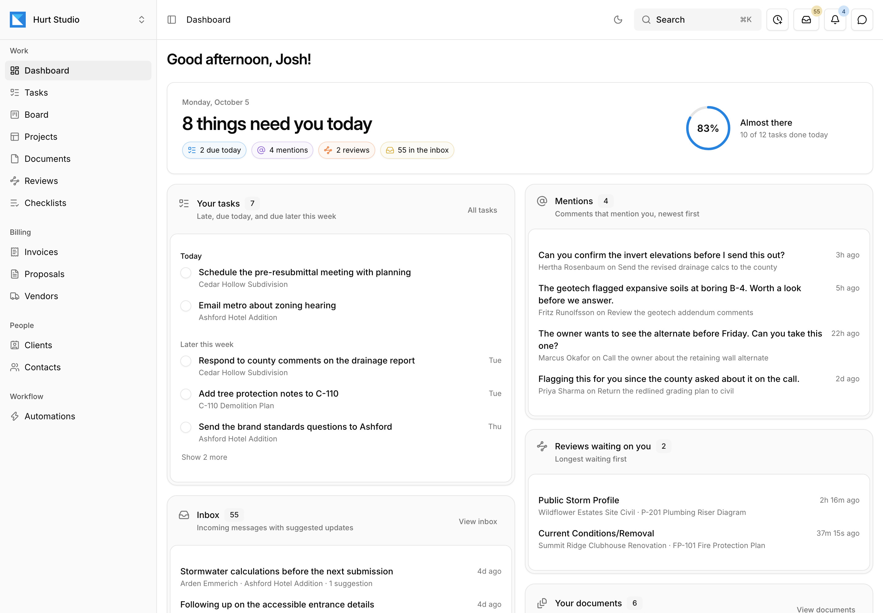 Kineo's Today dashboard: eight things need you today, with tasks, mentions, reviews, and inbox counts, a ring showing 10 of 12 tasks done, and lists of tasks and mentions